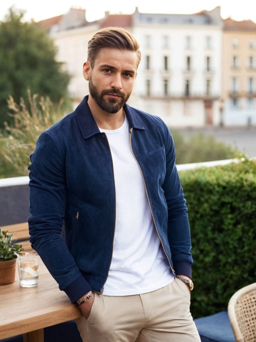 veste-daim-bleu-hommeHomme portant une veste daim bleu coupe ajustée, style élégant et moderne