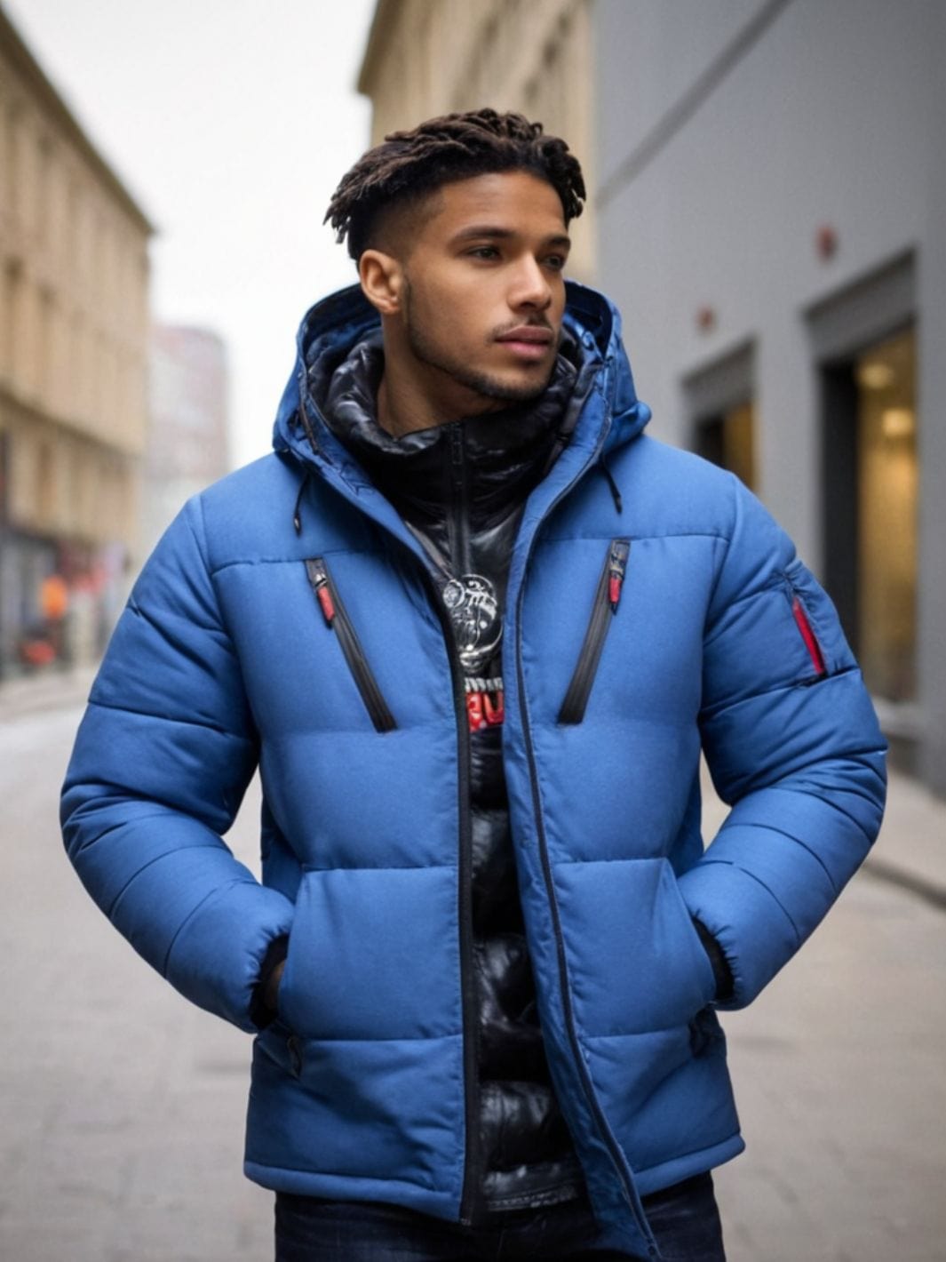 Veste capuche bleue homme portée par un mannequin dans un environnement urbain