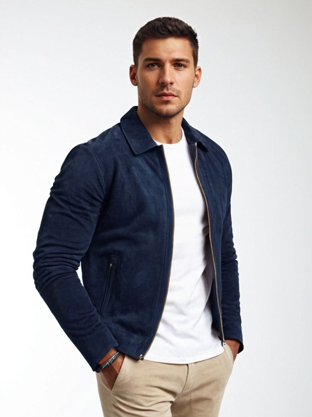 Veste daim bleu homme en coton avec col montant et fermeture zippée