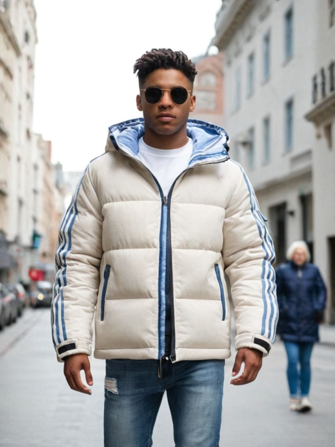 Veste hiver beige homme portée dans un environnement urbain