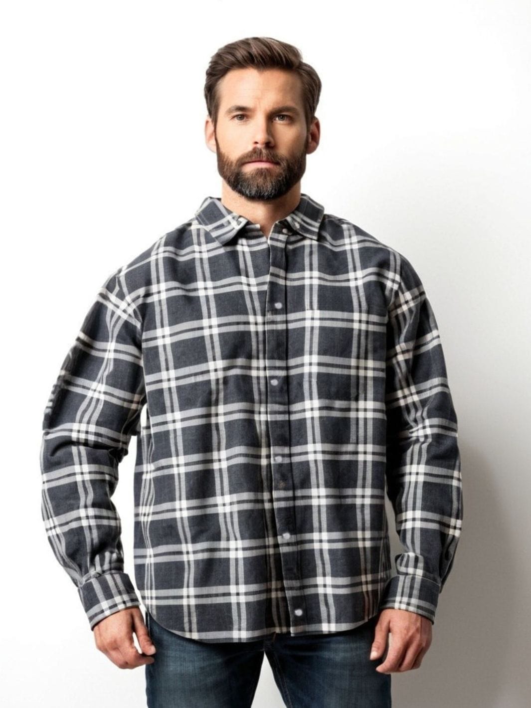homme portant en studio la Veste style bucheron homme
