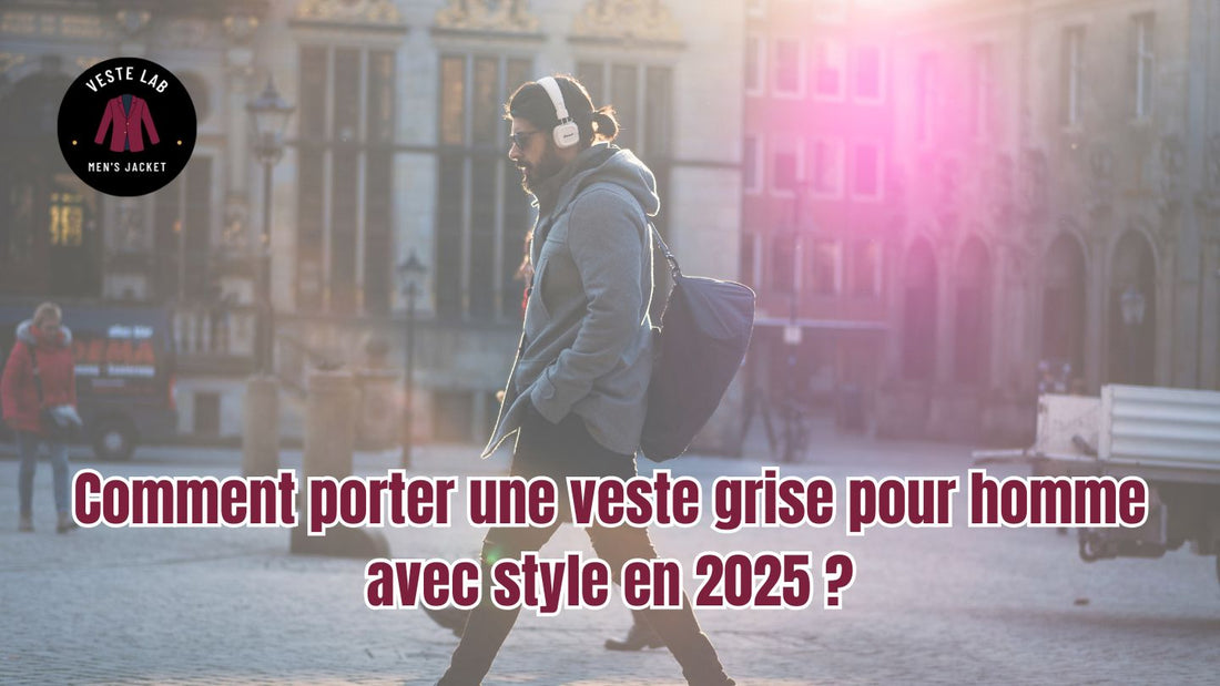 Homme portant une veste grise avec un look tendance et élégant en 2025