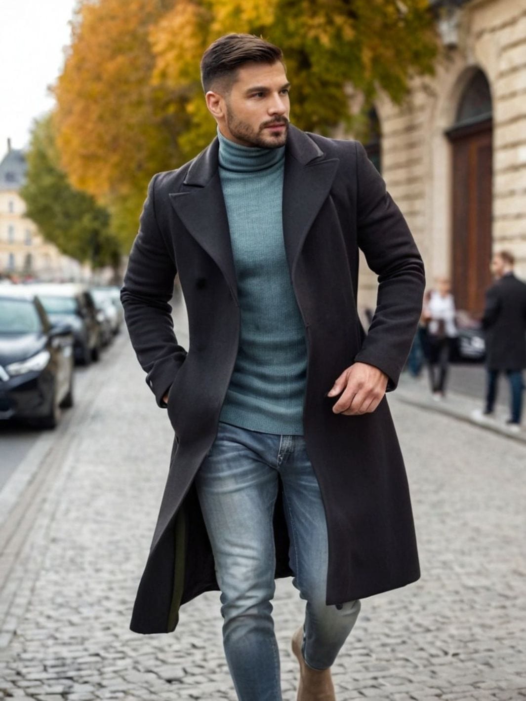 Homme portant une veste légère noire avec tenue casual chic de mi-saison