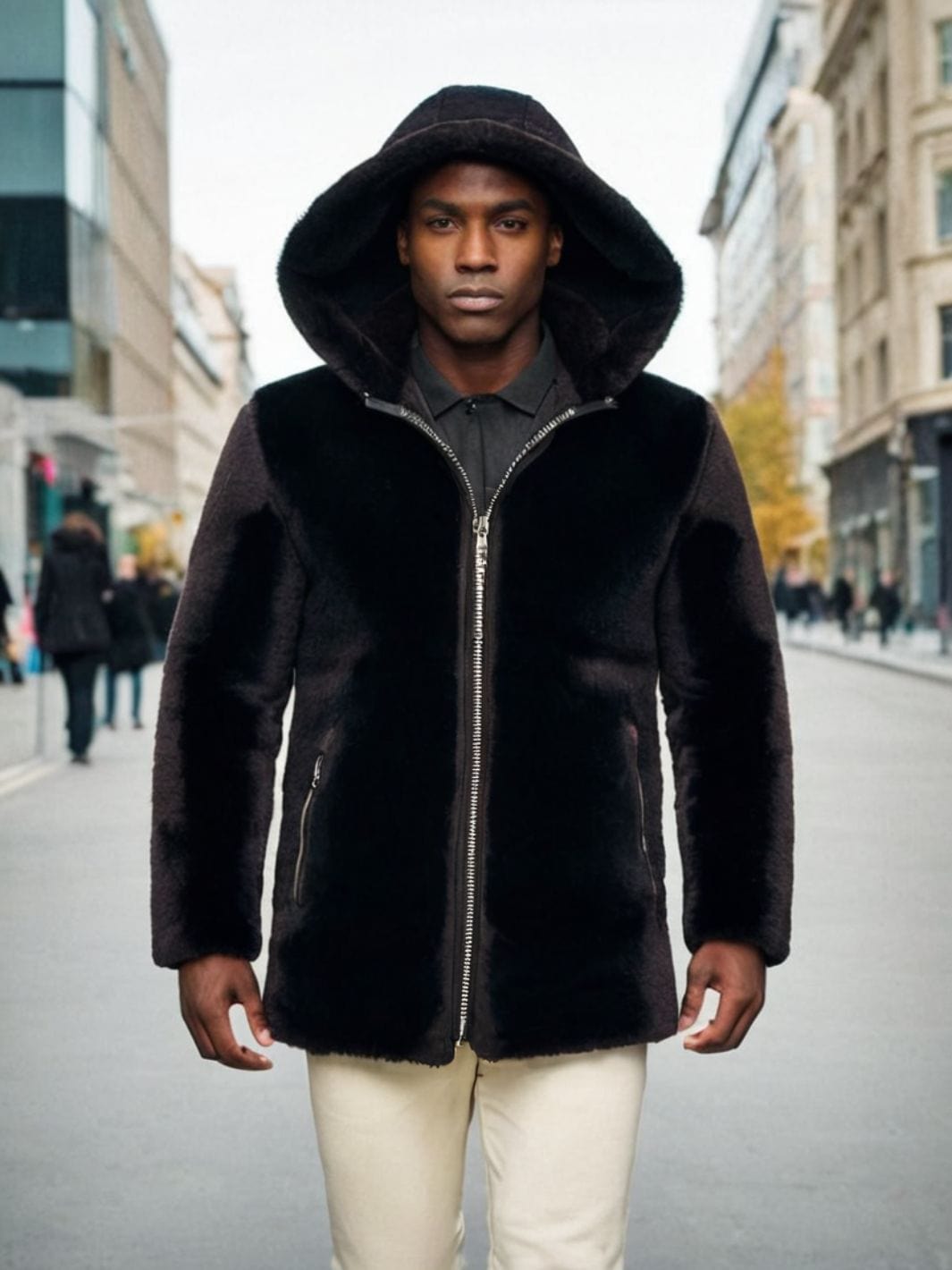 Veste capuche fourrure homme porté par un mannequin dans un environnement urbain 