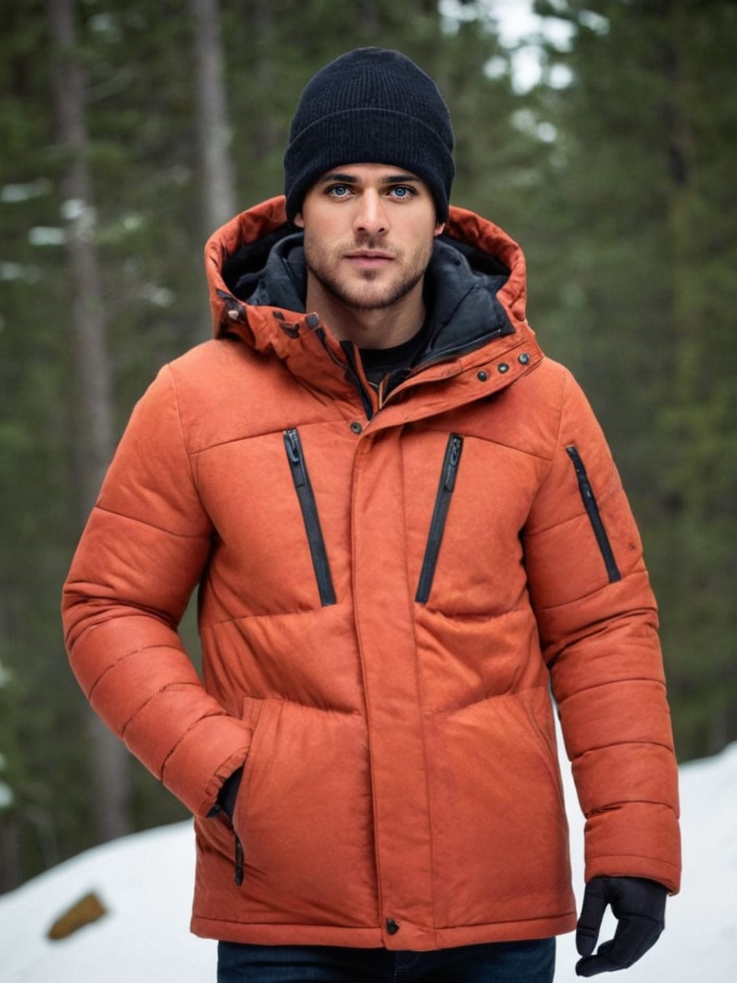 Veste de Ski orange homme portée par un mannequin dans la foret d'une montagne eneigée