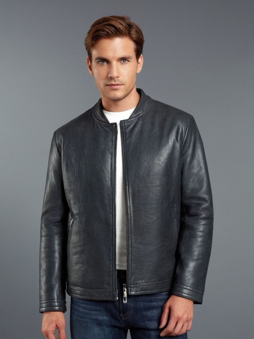 Veste en cuir gris homme