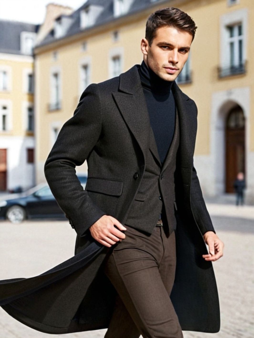 Veste noire habillée homme vue de face, style trench élégant